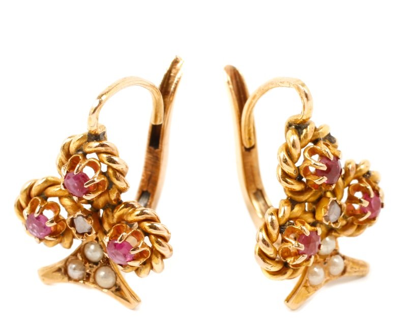 Pair of 18k Gold, Pink Sapphire & Diamond Earrings (1 of 5)