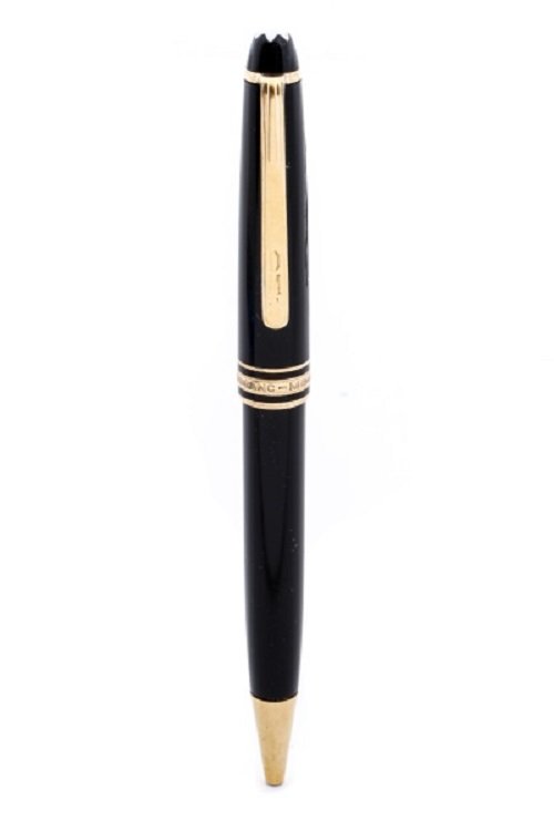 Mont Blanc Meisterstuck Classique Ballpoint Pen: Montblanc (Germany, founded 1906). Meisterstück Classique ballpoint pen with twist mechanism in deep black precious resin with gold-plated details and surmounted by the white star emblem. Pen in fitt
