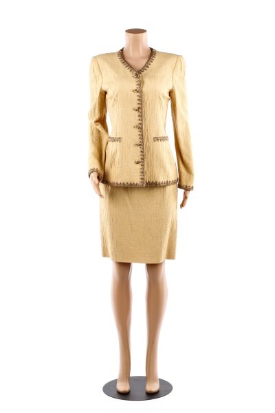 1990s Oscar de la Renta Silk Skirt Suit, Gold Trim (1 of 10)