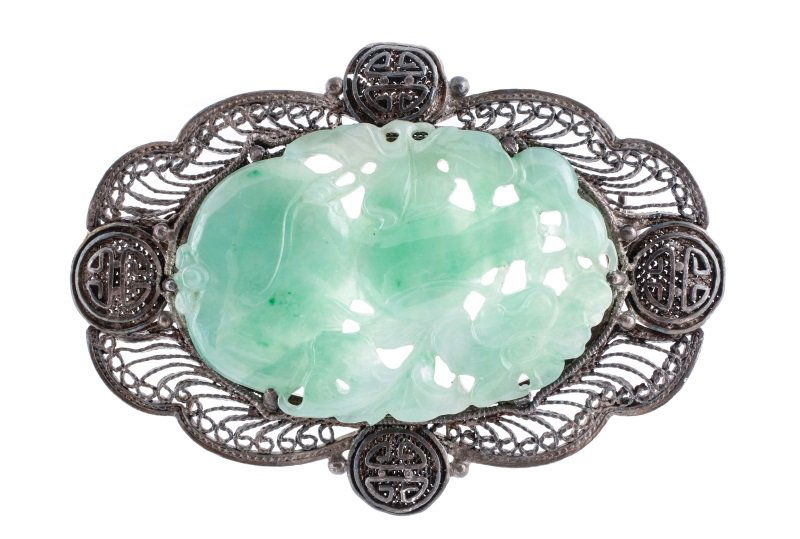 Chinese Silver Filigree & Carved Jade Brooch (1 of 5)