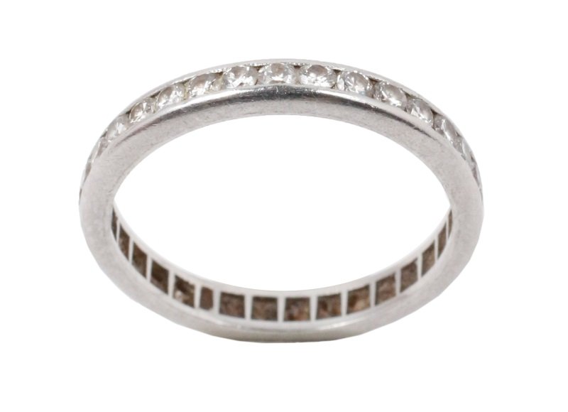 Ladies Platinum Band w/ 32 Diamonds: Vintage platinum wedding band with 32 Old European cut and transitional cut diamonds (approximately 0.75 carat total weight, color: I-J, clarity: VS). Unmarked but acid tested as platinum. US ring siz