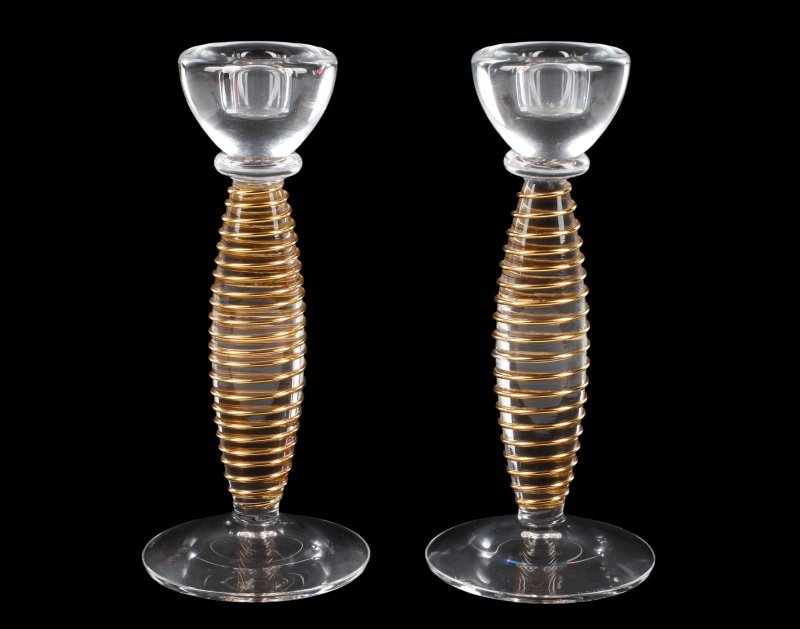 Pair of Kosta Boda Glass & Gold Wire Candlesticks (1 of 7)