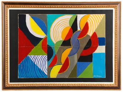 Sonia Delaunay Style Cubist Painting, Signed: Manner of Sonia Delaunay - Terk (Ukranian/ French, 1885-1979). "Composition", gouache and pencil on paper, signed lower right "Sonia Delaunay". Abstract color block painting with various geometric sha