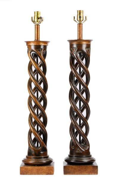 Pair James Mont Helix Lamps for Frederick Cooper: James Mont (Turkish/American, 1904-1978) for Frederick Cooper (American, founded 1923-), circa 1960s. Matched pair of 'Helix' stained and paint decorated table lamps having a circular collar over a ba