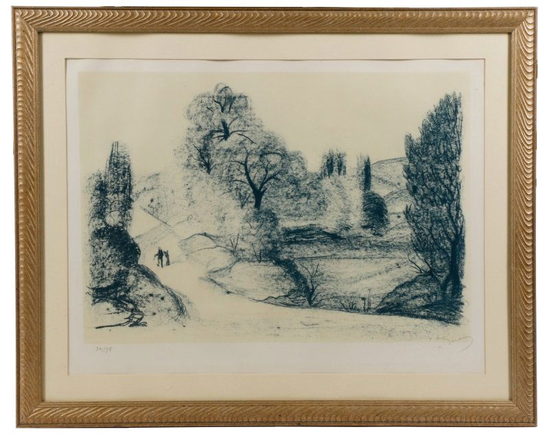 Andre Derain Signed Litho, "Paysage Bleu", 34/75: Andre Derain (French, 1880-1954). "Paysage Bleu (Blue Landscape)" - 1952, lithograph, limited edition 34/75, pencil numbered lower left margin, pencil signed lower right margin. Lithograph print depic