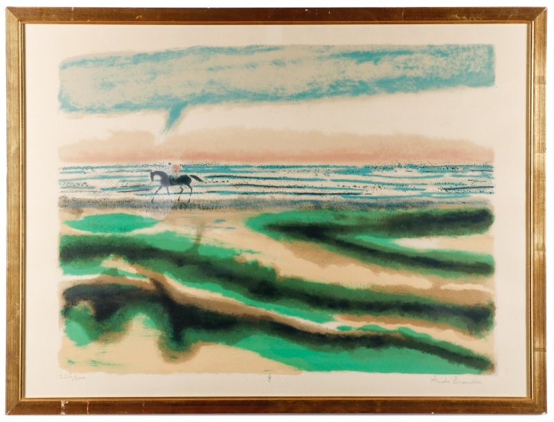Andre Brasilier, Cavalier sur la Plaque, Signed: Andre Brasilier (French, 1929-2004), "Cavalier sur la Plage (Horseback Rider on Beach)"-1969, color lithograph on Arches paper, pencil signed lower right margin, limited edition numbered in pencil low