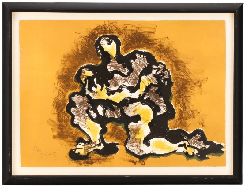 Lipchitz "Untitled - Kneeling Figure" Signed: Jacques Lipchitz (Lithuanian, 1891-1973), "Untitled - Kneeling Figure"-circa 1968, color lithograph on paper, pencil signed and numbered "87/100" lower left. Modern figural work depicting a kneeling f