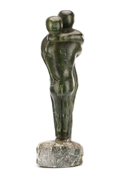 Modernist Green Soapstone Figural Sculpture: American School, 20th century. "Lovers", carved soapstone, apparently unsigned. Possibly Inuit, a modernist carved green soapstone figural sculpture depicting an embracing male and female nude couple 