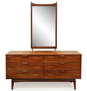 Mid Century Modern 6 Drawer Dresser & Mirror: American, 20th century, likely 1960s. Mid century modern walnut stained wood dresser with mirror, the dresser in rectangular form having six drawers, each with geometric trapezoidal niche pulls and