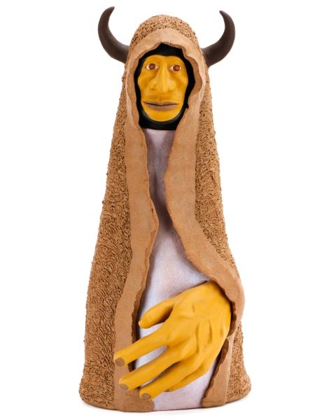 Barry Coffin "Buffalo Man" Ceramic Sculpture, 1988: Barry Coffin (American (Native American--Potawatomi and Creek descent), b. 1947- ), “Buffalo Man”-1988, ceramic sculpture, incised "B Coffin" and dated "88". Native American figural sculpture depi