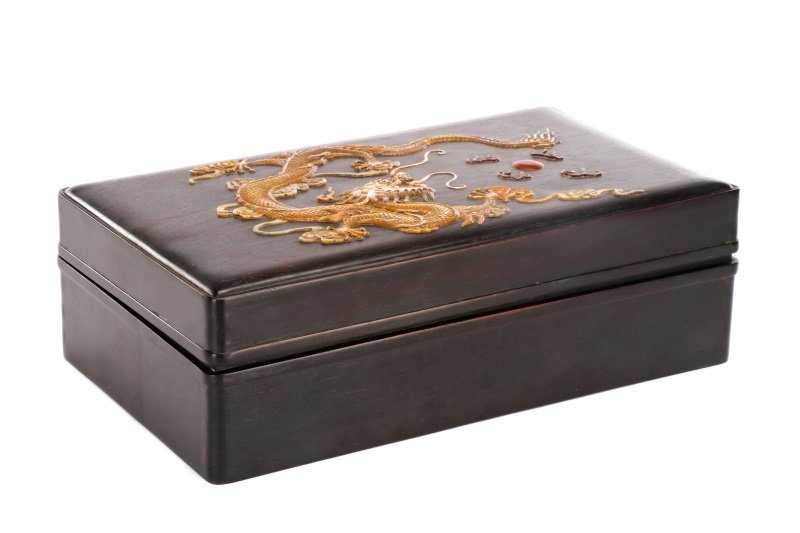 Chinese Zitan Wood Box w/Dragon Motif (1 of 7)