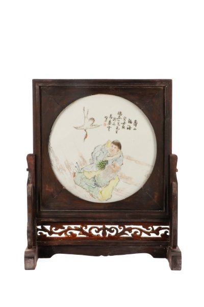 Chinese Round Porcelain Figural Plaque in Stand (1 of 8)