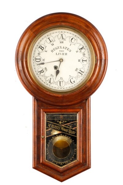 Advertising Apothecary Clock, Black Draught Cardui: American, first half of the 20th century. A drug store apothecary advertising clock from the Metropolitan Drug Store located in Princeton, Missouri having a the circular molded top with brass and glas