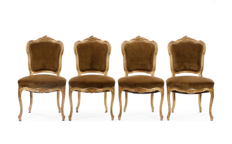Set of 4 French Louis XV Style Giltwood Chairs: French, early 19th century. Matched set of four Louis XV style giltwood side chairs, each having a shell carved cresting over a cartouche shaped and padded back, the serpentine seat over a conforming 