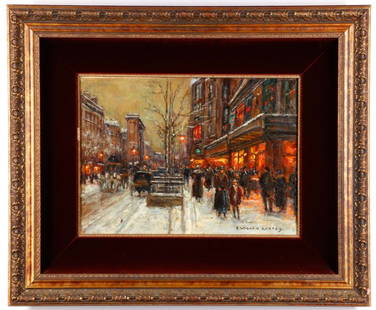 Edouard Cortes, "Paris en Hiver", Signed O/C: Edouard Cortes (French, 1882-1969), "Parisian Street Scene in Winter (Paris en Hiver)", oil on canvas, signed lower right. Painting depicting a Paris street scene in winter season in the evening with