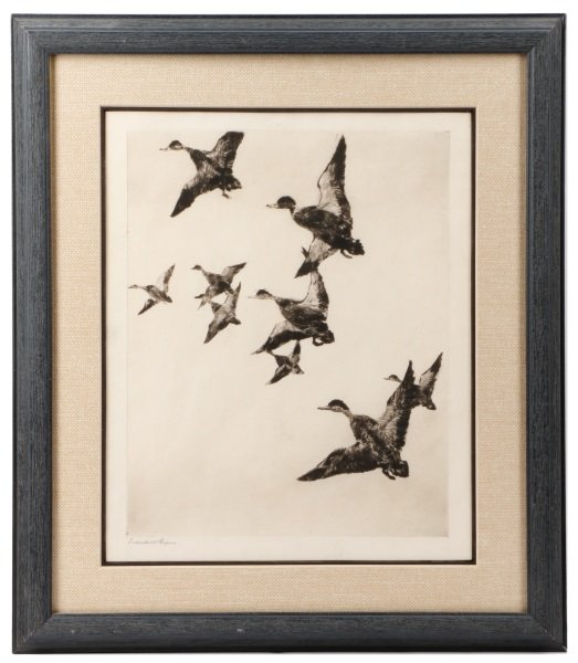 Frank Benson "Black Ducks No. 2", Signed Drypoint: Frank Weston Benson (American, 1862-1951), "Black Ducks No. 2"-1919, drypoint etching on paper, pencil signed lower left margin, published in a limited edition of 145. Figural print work depicting a f