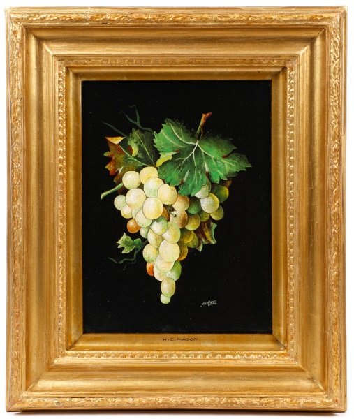 H.E. Mason, "Grapes", British Oil on Canvas: H.E. Mason (British, 19th century). "Grapes"-circa 1880s, oil on canvas, signed lower right "H.E. Mason". Fruit still life painting depicting a cluster of green grapes with leaves against black backgr