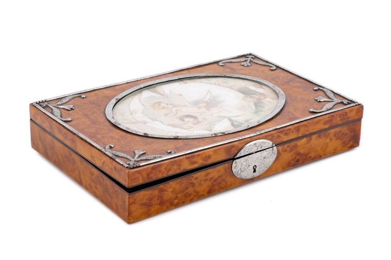 Burled Walnut Box with Signed Cherub Watercolor (1 of 7)