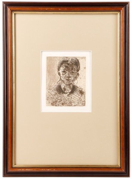 Paul Cezanne, "Head of Young Woman" 3rd State: Paul Cezanne (French, 1839-1906), "Tete de Jeune Fille (Head of a Young Woman/Bust of a Girl)"-1873, etching and roulette printed in color, third state posthumously published for Ambroise Vollard's bo
