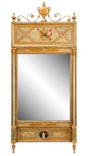 Chapman Paint Decorated Neoclassical Mirror: Chapman Manufacturing Company, 20th century. A paint decorated Neoclassical mirror with cresting featuring a classical urn issuing wrought iron trailing floral and foliate scrolls flanked by urn finia