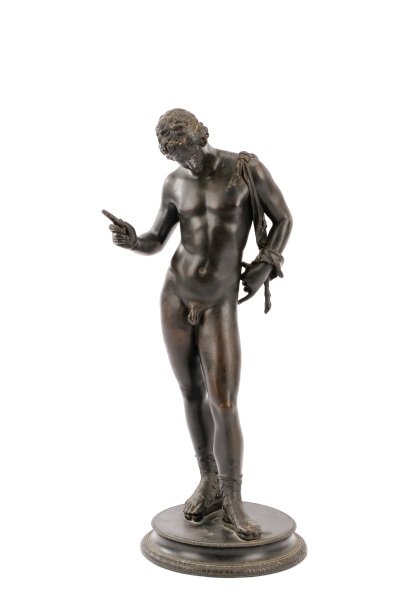 Neopolitan Bronze Model of Narcissus, 19th C.: Italian School, 19th century. "Narcissus", patinated bronze, unsigned, foundry mark to base for Fonderia Bucciono Napoli. Grand Tour figural sculpture after the Classical antiquity depicting Narcissus