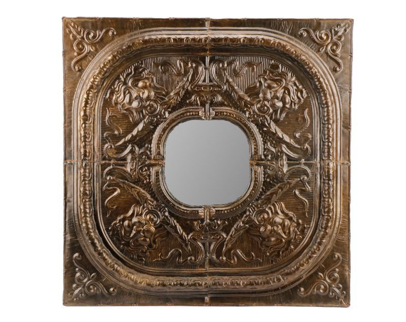 Large Patinated Pressed Tin Mirror with Lions (1 of 6)