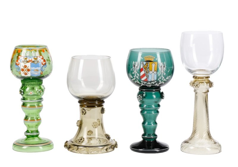 Group of 4 Bohemian Glass Roemers, Theresienthal: Glassworks of Theresienthal (Bohemian, founded 1836), 20th century. Group of four bohemian hand blown glass wine roemers, chalices or wine glasses comprising a emerald green glass decorated with ename