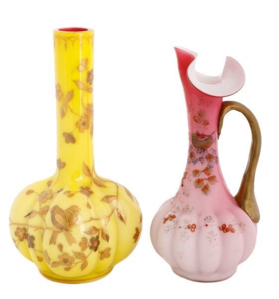 Thomas Webb Enameled Art Glass Vase & Ewer: Thomas Webb & Sons (English, 1837-1990), circa 1890. Two pieces of enamel decorated art glass comprising a imperial yellow long neck vase with pink interior and melon form base, decorated with gilt en