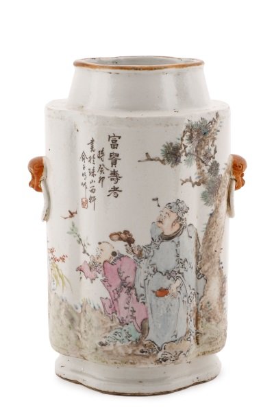 Chinese Ju-Pi Lobed Porcelain Vase, Marked: Chinese, 20th century. A lobed ovoid form porcelain vase decorated on tondo with hand painted overglaze courtly figural scene set in a landscape with flying birds, Buddhist monks or elders, and riders