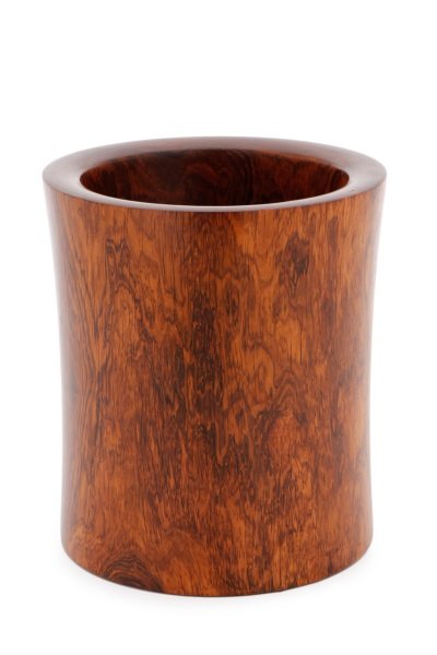 Chinese Carved Huanghuali Brush Pot: Chinese, likely 20th century. Carved hardwood huanghuali brush pot of flared cylindrical form, pierced circular hole at bottom (missing cap) for draining. Unmarked. Approximate height 6.6", diameter o