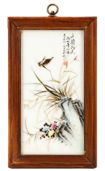 Chinese Hand Painted Porcelain Plaque, Grasshopper (1 of 7)