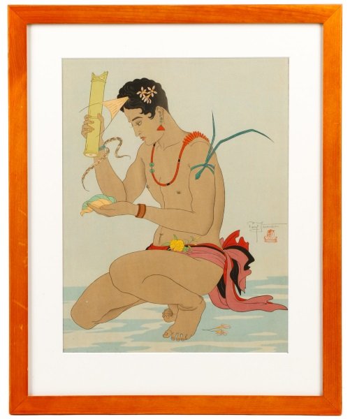 Paul Jacoulet, "Le Betel Yap", Signed Woodblock: Paul Jacoulet (French, 1896-1960), "Le Betel Yap"-1940, color woodblock print on paper laid down, pencil signed at right center above red seal with clipper ship. Figural work on paper depicting a squa