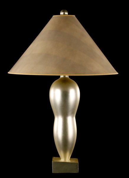 John Hutton for Donghia "Rafaela" Table Lamp: John Hutton (American, 1947-2006) for Donghia (American, founded 1968) "Rafaela" table lamp-circa 1980s with champagne round finial at top above champagne-hued metallic stripes on the bias tapered sha