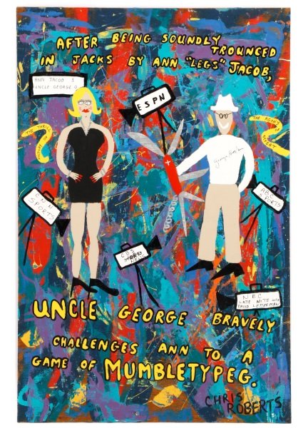Chris Roberts-Antieau, Signed Figural Work: Chris Roberts-Antieau (American (Michigan), b. 1940- ), "After Being Soundly Trounced in Jacks by Ann "Legs" Jacob, Uncle George Bravely Challenges Ann to A Game of Mumbletype G", mixed media on wood,