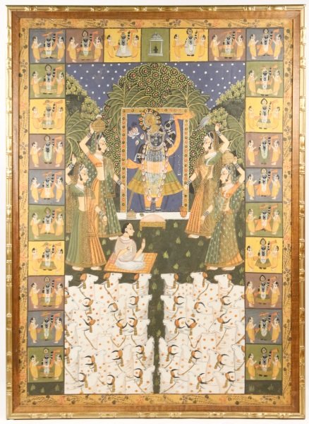 Lg. Indian Pichwai Painting, Vishnu w/ Sacred Cows (1 of 10)