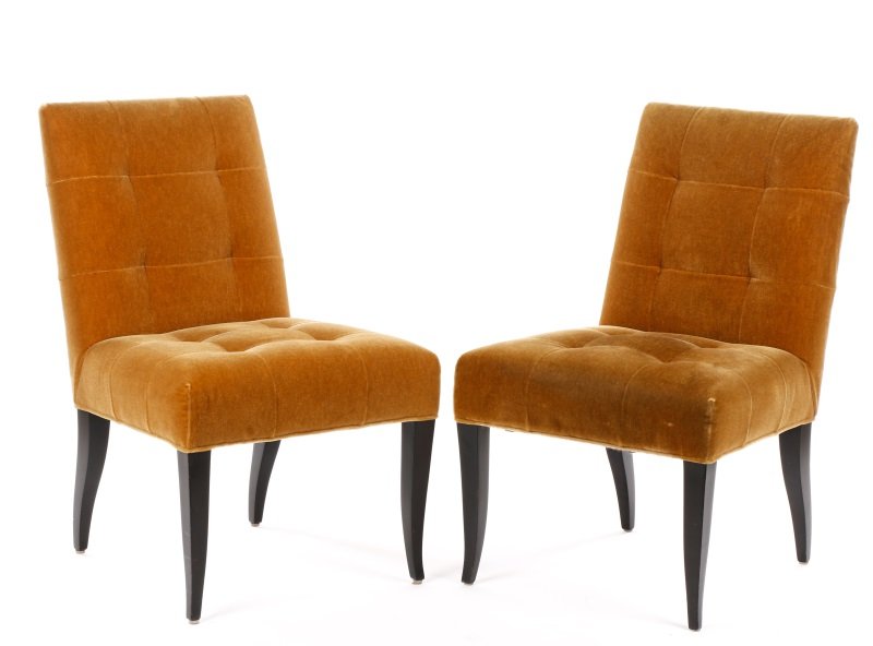 Pair of Eaton Mohair Side Chairs by John Hutton: John Hutton (American, 1947- 2006) for Donghia (American, founded 1968), circa 1980s. A matched pair of mohair covered Eaton side or slipper chairs designed by the late John Hutton having a slightly r