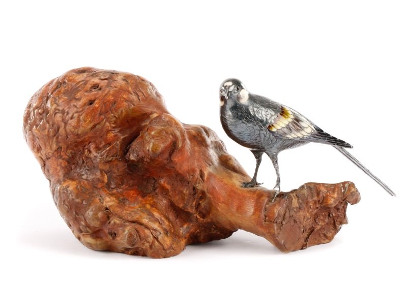 Chinese Silver & Enamel Bird on Burled Wood Stand (1 of 8)