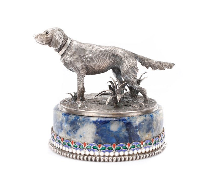 Faberge Style Silver Dog, Stone and Cloisonne Base (1 of 10)