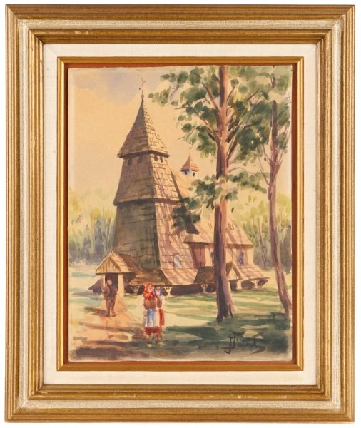 Julian Falat Signed Watercolor, "Polish Church": Julian Falat (Polish/ Austrian, 1853-1929). "Polish Church", watercolor on paper laid down on artist's board, signed lower right. Genre scene painting depicting three figures in traditional clothing w