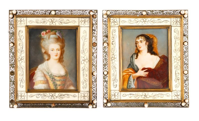 Pair of 19th C. Miniature Portraits in Bone Frames: Continental School (likely French or Russian), 19th century. A collection of two miniature portraits each painted on bone, one depicting a courtly beauty with powdered hair atop her head adorned with 