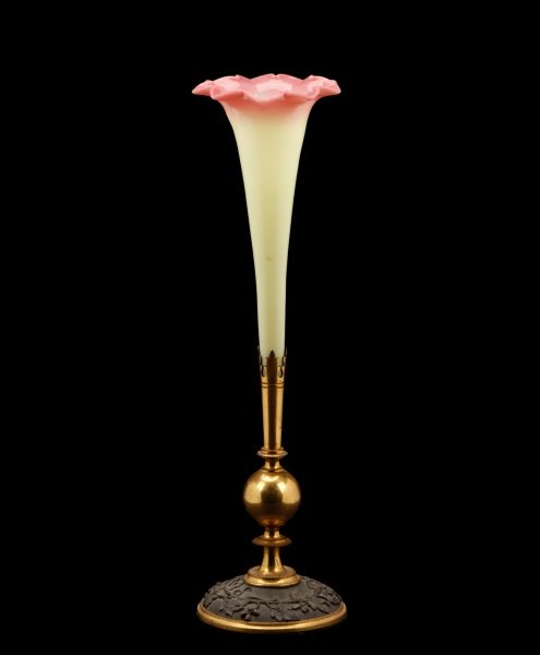 Mt Washington Shiny Burmese Glass Trumpet Vase: Mt. Washington (American, 1837-1894), possibly Thomas Webb & Sons (English, 1837-1990) late 19th century. Shiny Burmese glass trumpet vase or single epergne having a nine crimp ruffled mouth in rose p