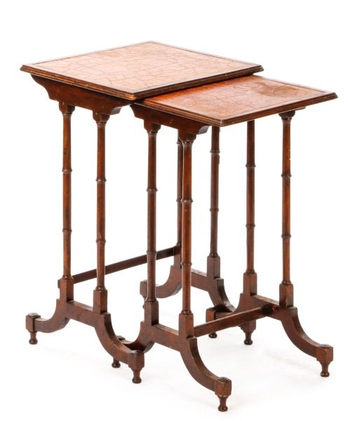 Nest of 2 Leather Inset Walnut Tables, 19th C. (1 of 6)