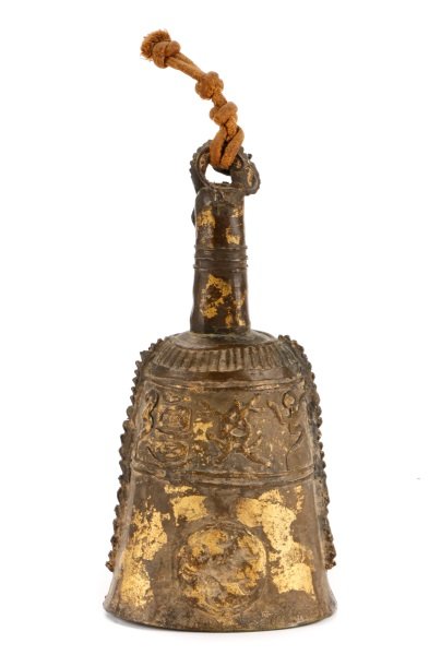 Japanese Bronze Bell with Dragon Motif Handle: Japanese, likely 19th century. Bronze bell with serpentine dragon at top of tapered handle with raised reeding above body with archaic marks and decoration, saw tooth or beaded accents on sides, remna