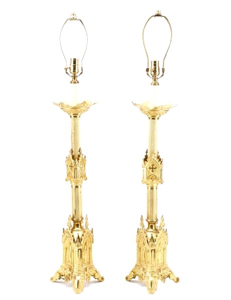 Pair, Brass Gothic Style Altar Pricket Table Lamps (1 of 9)