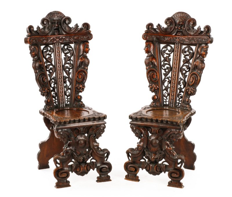 Pair of Baroque Style 'Sgabello' Hall Chairs, 19th (1 of 5)