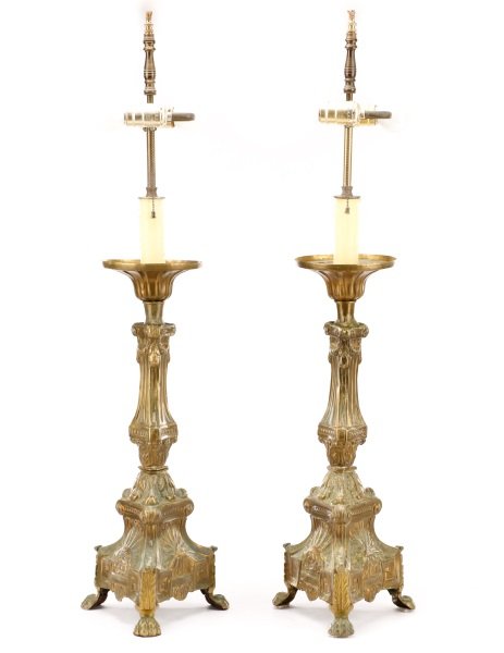 Pair, Late 19th C. Brass Altar Stick Table Lamps (1 of 8)