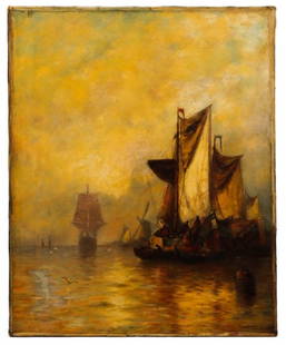 George Bunn, Marine Painting With Sailboats, 1889: George Bunn (British, fl.1885 - 1898), "Marine Painting with Sailboats And Windmill" -1889, oil on canvas, signed and dated at lower right "Geo. Bunn. - Anvers 89." . Marine or seascape painting depic