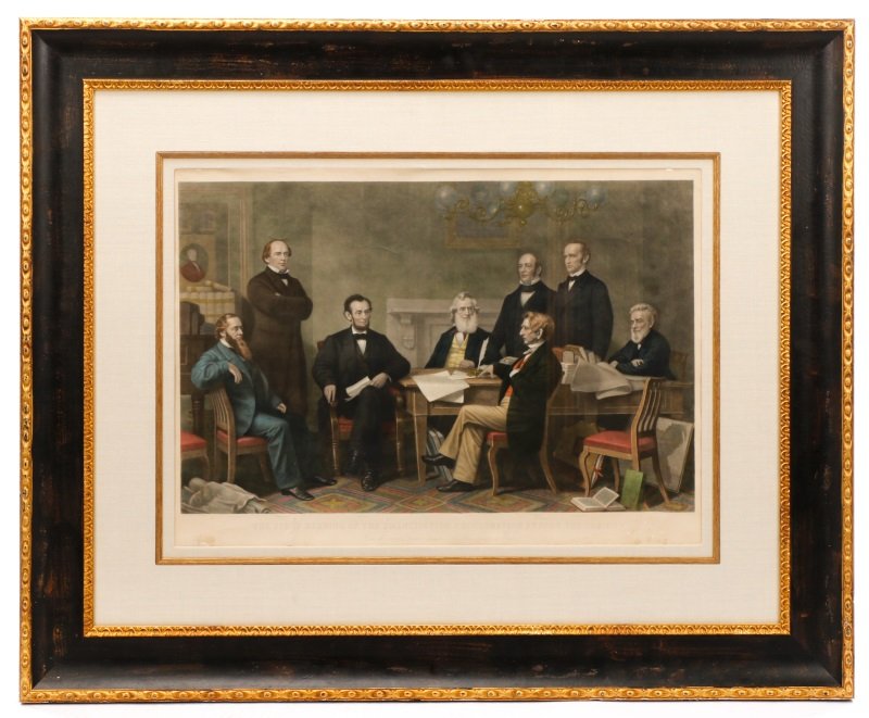 F.B. Carpenter Emancipation Proclamation Mezzotint: “The First Reading of the Emancipation Proclamation Before the Cabinet", hand colored mezzotint by Alexander Hay Ritchie (Scottish, 1822-1895) after the painting by Francis Bicknell Carpenter (Ameri