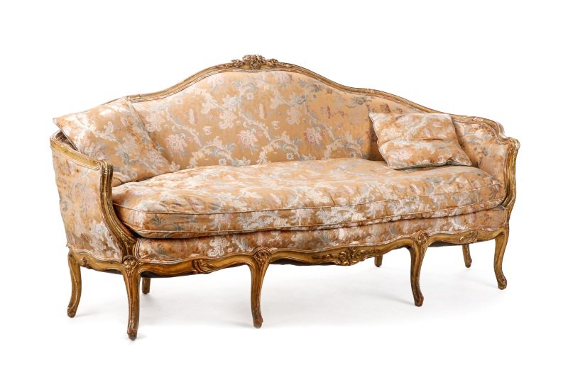 Louis XV Paint & Parcel Gilt Decorated Canape: French, 18th century. French Louis XV paint and parcel gilt decorated canape en corbeille with rococo shaped carved molded crest rail centering a floral spray and continuing to downward sloping sides 