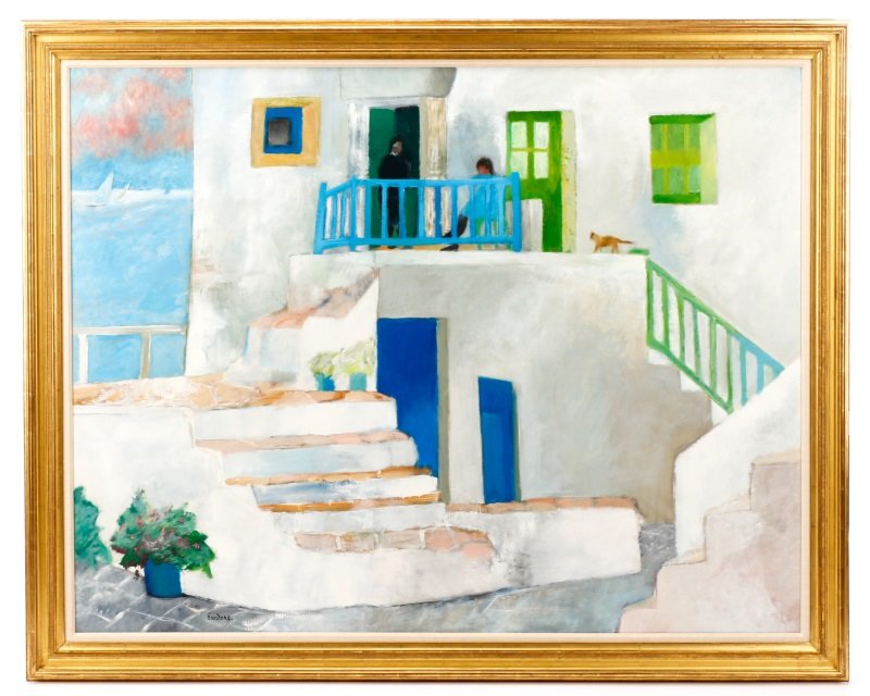 Guy Bardone, Le Chat Jaune, Folegandros, Oil: Guy Bardone (French, b. 1927-), "Le Chat Jaune, Folegandros", oil on canvas, signed lower left "Bardone", verso with label from David Findlay Galleries (American, established 1870). Figural landscape